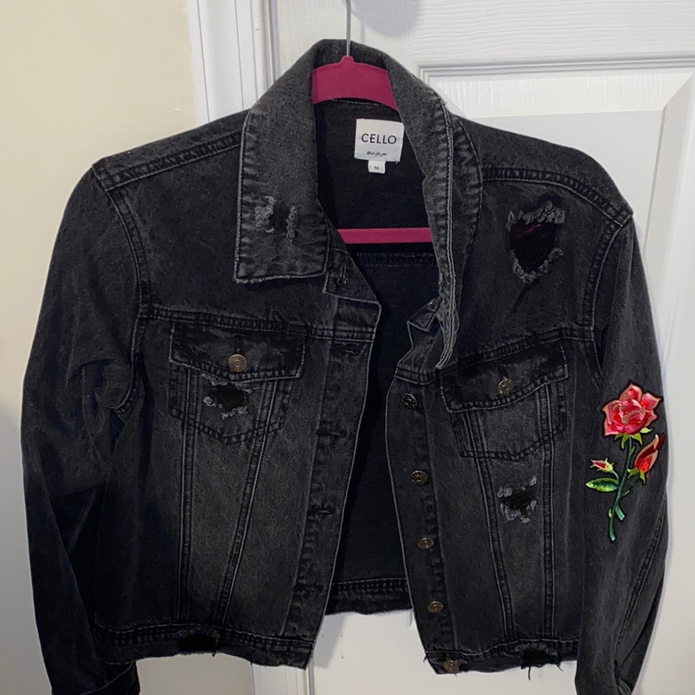 Flower Embroidered Black Jean Jacket